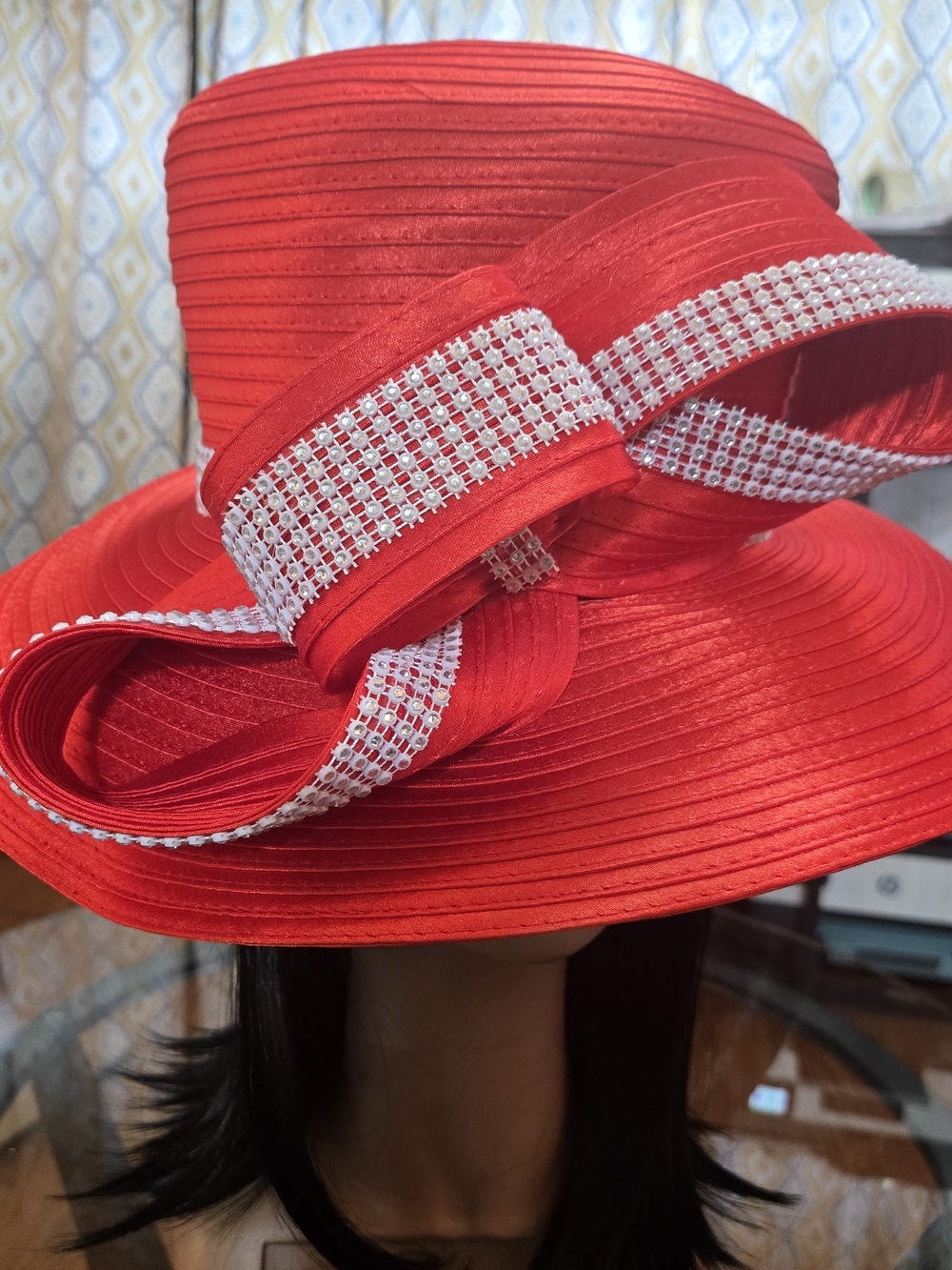 Elegant Red Wide-Brim Women's Dress Hat with Crystal Trim